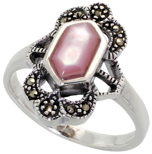 Sterling Silver Ring, w/ Hexagon-shaped Pink Mother of Pearl, 3/4 inch (19 mm) wide