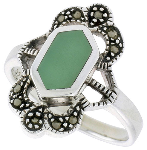 Sterling Silver Ring, w/ Hexagon-shaped Green Resin, 3/4 inch (19 mm) wide