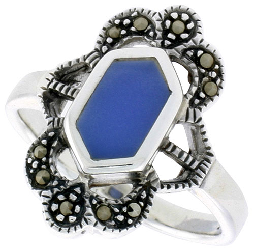 Sterling Silver Ring, w/ Hexagon-shaped Blue Resin, 3/4 inch (19 mm) wide