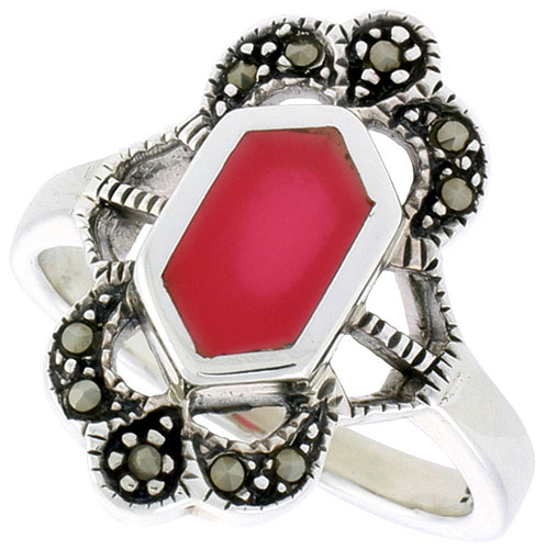 Sterling Silver Ring, w/ Hexagon-shaped Red Resin, 3/4 inch (19 mm) wide