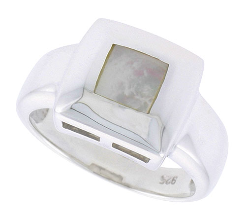 Sterling Silver Ladies' Ring w/ a Square-shaped Mother of Pearl, 1/2" (13 mm) wide