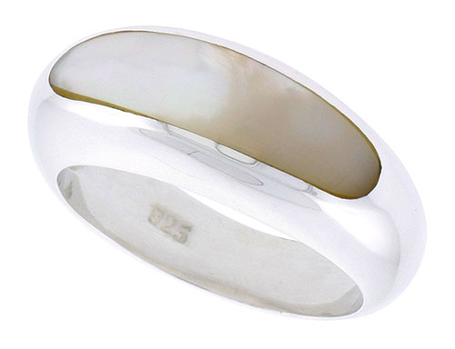 Sterling Silver Concaved Ladies' Ring w/ Mother of Pearl, 5/16" (9 mm) wide