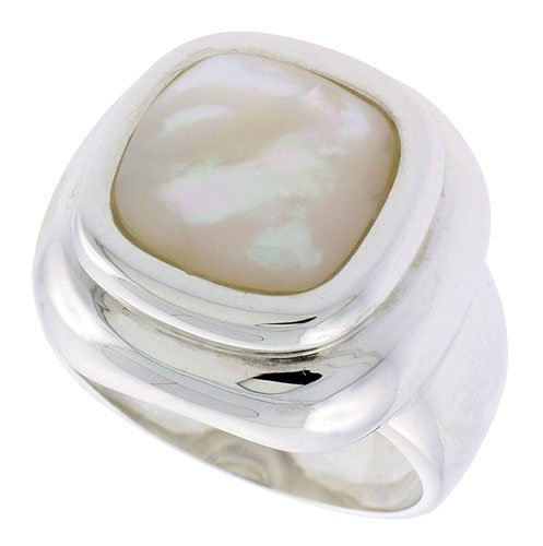 Sterling Silver Ladies' Ring w/ a Square-shaped Mother of Pearl, 13/16" (20 mm) wide