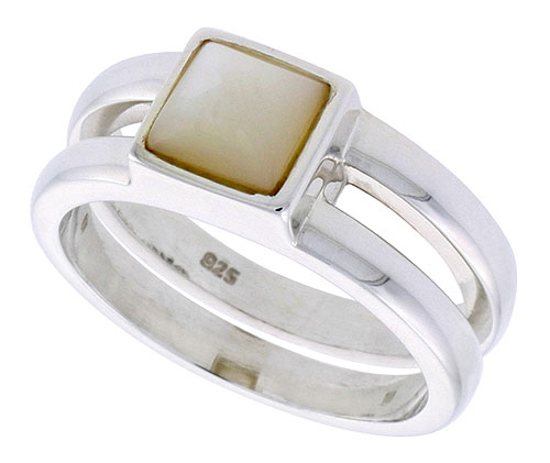 Sterling Silver Ladies' Band w/ a Square-shaped Mother of Pearl, 5/16" (8 mm) wide