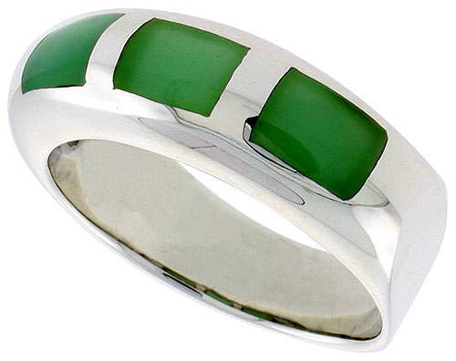 Sterling Silver Oxidized Ring, w/ Three 6 x 4 mm Rectangular Green Resin, 3/8" (10 mm) wide