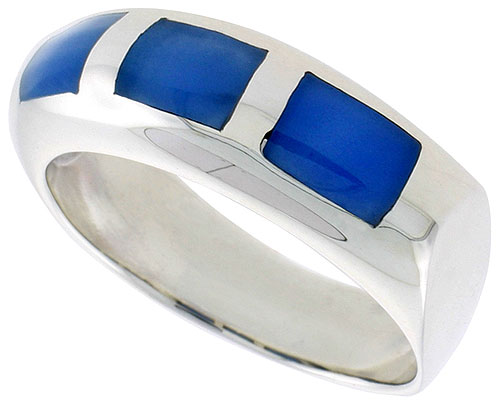 Sterling Silver Oxidized Ring, w/ Three 6 x 4 mm Rectangular Blue Resin, 3/8" (10 mm) wide
