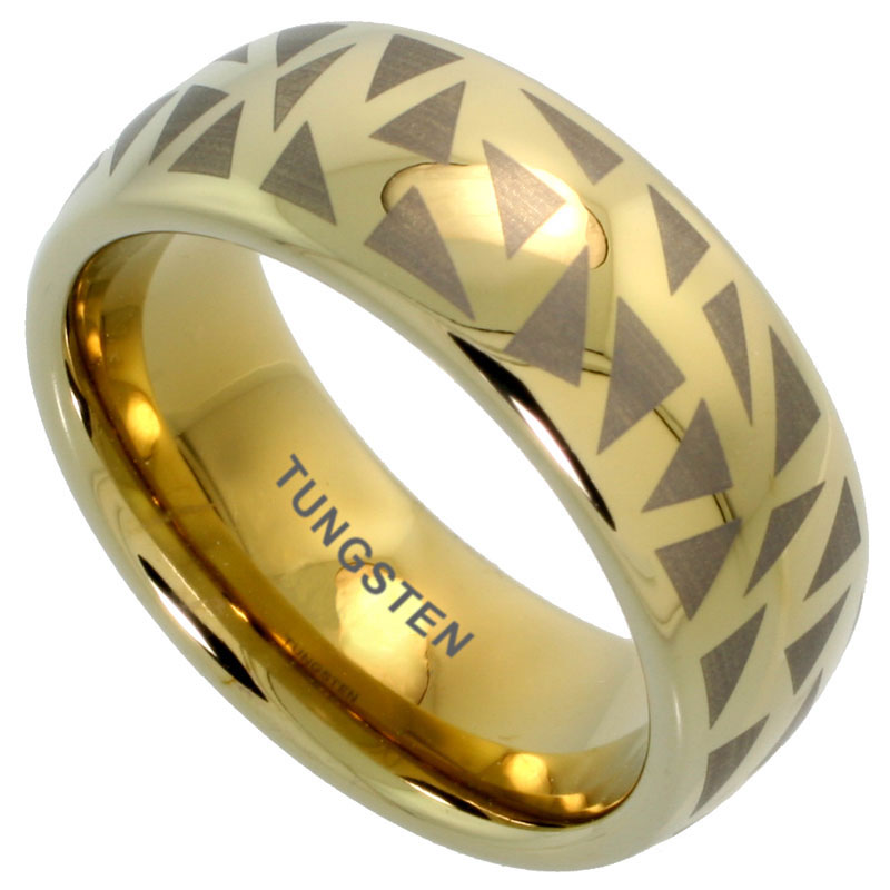 8mm Gold Tungsten Ring Dome Wedding Band Etched Triangular Pattern, sizes 7 to 14