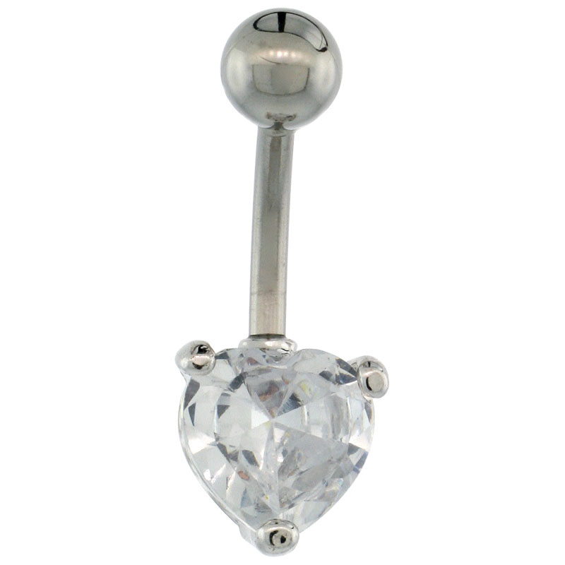 Surgical Steel Belly Button Ring w/ 8mm Clear Heart-shaped CZ Stone (Navel Piercing Body Jewelry)