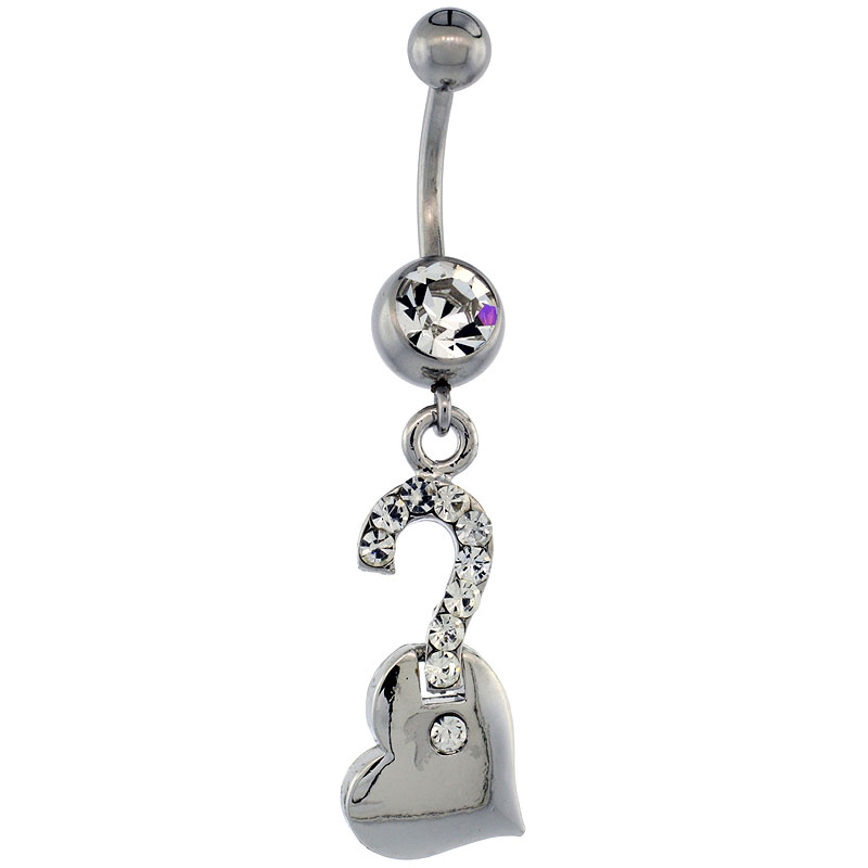 Surgical Steel Question Mark on Heart Belly Button Ring w/ Crystals, 1 1/2 inch (36 mm) tall (Navel Piercing Body Jewelry)