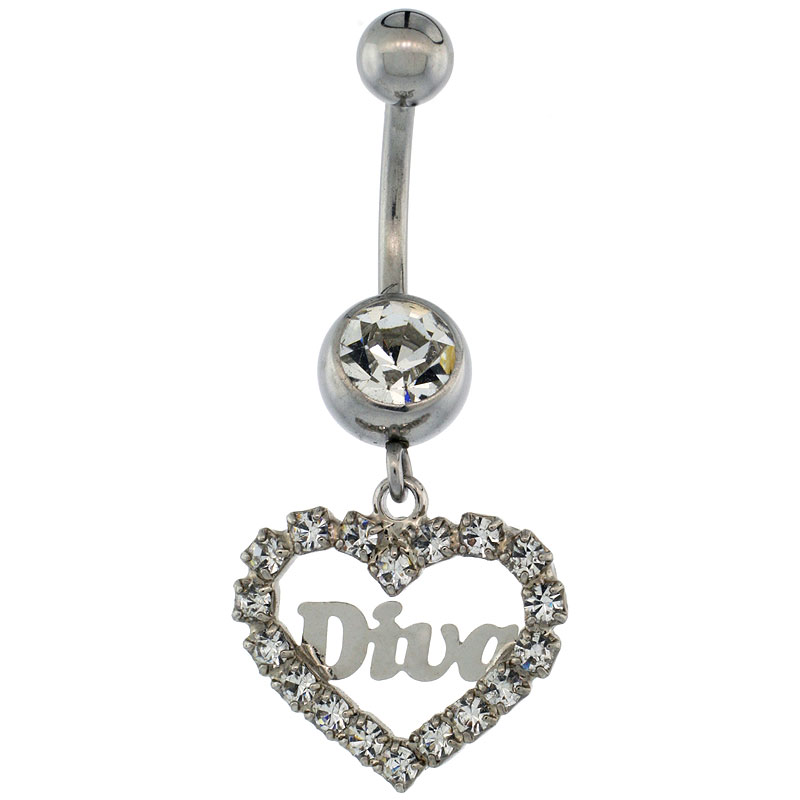 Surgical Steel Heart (DIVA) Belly Button Ring w/ Crystals, 1 inch (25 mm) tall (Navel Piercing Body Jewelry)