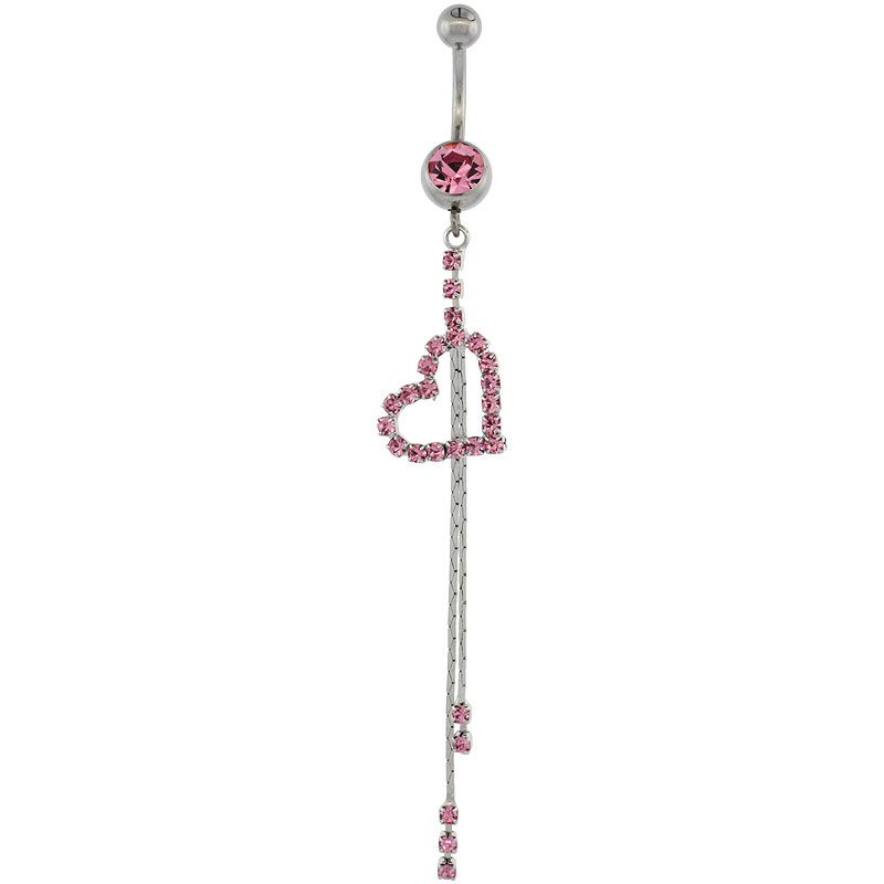 Surgical Steel Heart Cut Out Belly Button Ring w/ Pink Crystals, 3 1/8 inch (80 mm) tall (Navel Piercing Body Jewelry)