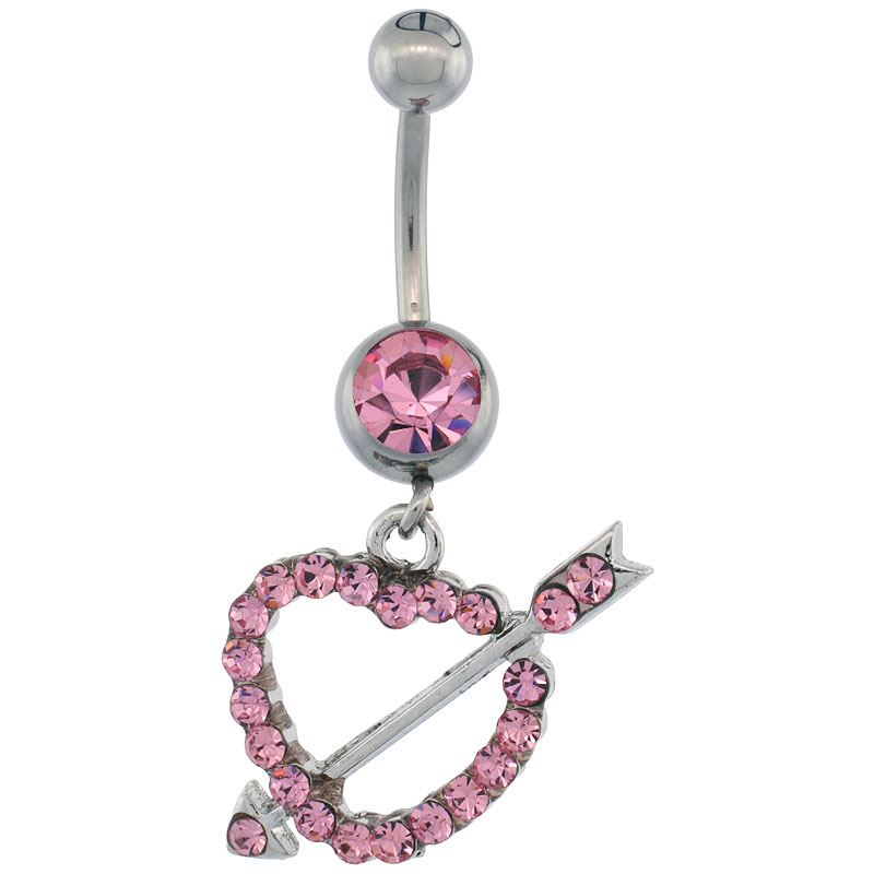 Surgical Steel Heart & Arrow Belly Button Ring w/ Pink Crystals, 1 1/16 inch (27 mm) tall (Navel Piercing Body Jewelry)