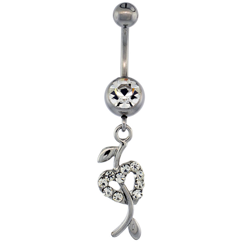 Surgical Steel Double Heart & Vine Belly Button Ring w/ Crystals, 1 1/4 inch (32 mm) tall (Navel Piercing Body Jewelry)