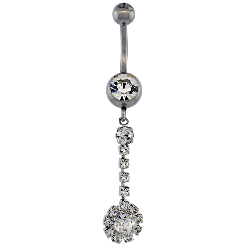 Surgical Steel Flower Belly Button Ring w/ Crystals, 1 1/2 inch (38 mm) tall (Navel Piercing Body Jewelry)