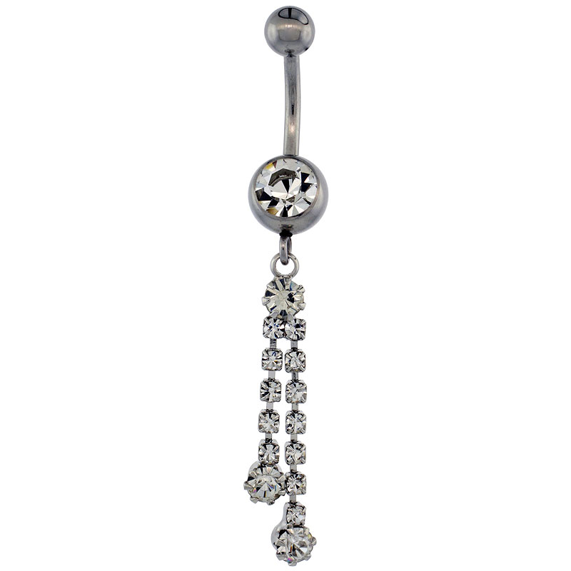 Surgical Steel Double Dangle Strand Belly Button Ring w/ Crystals, 1 5/8 inch (41 mm) tall (Navel Piercing Body Jewelry)