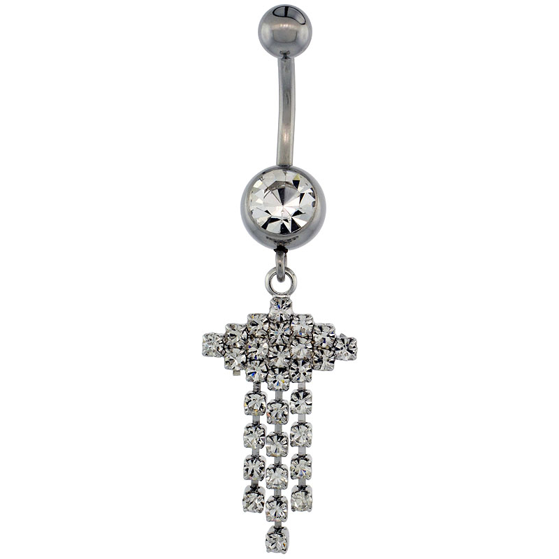 Surgical Steel Triple Dangle Strand Belly Button Ring w/ Crystals, 1 1/2 inch (36 mm) tall (Navel Piercing Body Jewelry)