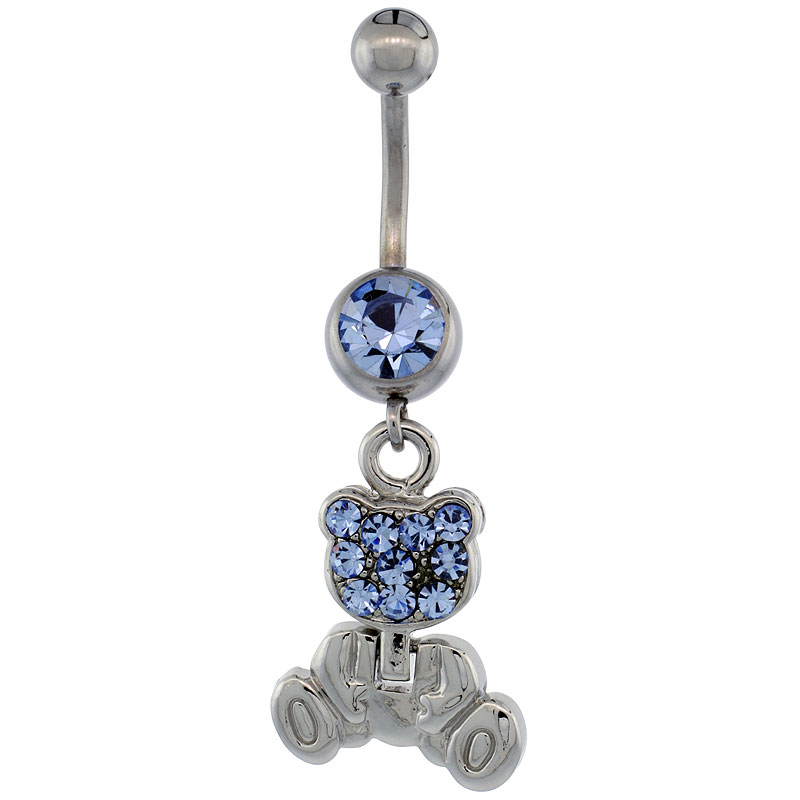 Surgical Steel Teddy Bear Belly Button Ring w/ Blue Crystals, 1 3/16 inch (30 mm) tall (Navel Piercing Body Jewelry)