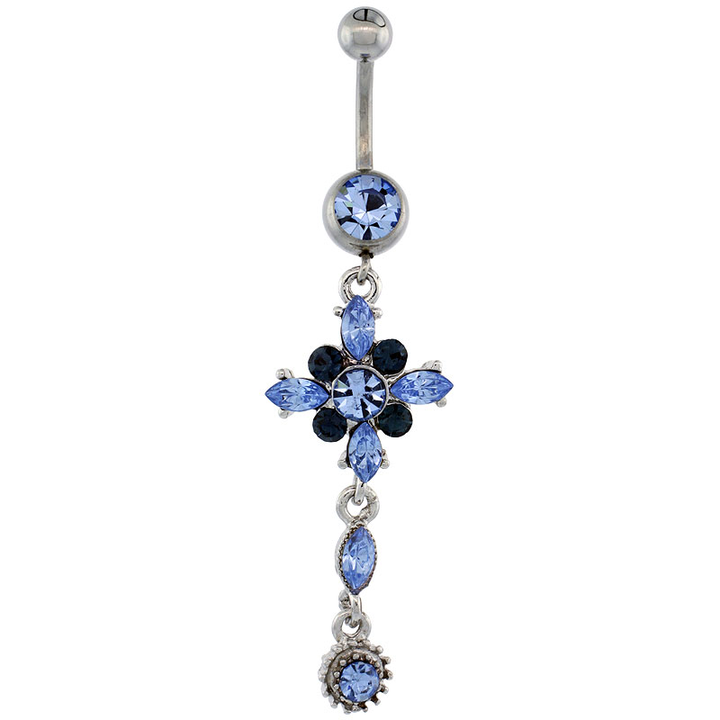 Surgical Steel Flower Belly Button Ring w/ Blue Crystals, 2 inch (50 mm) tall (Navel Piercing Body Jewelry)