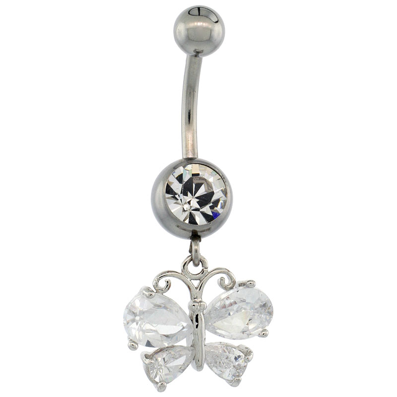 Surgical Steel Butterfly Belly Button Ring w/ Crystals, 7/8 inch (22 mm) tall (Navel Piercing Body Jewelry)