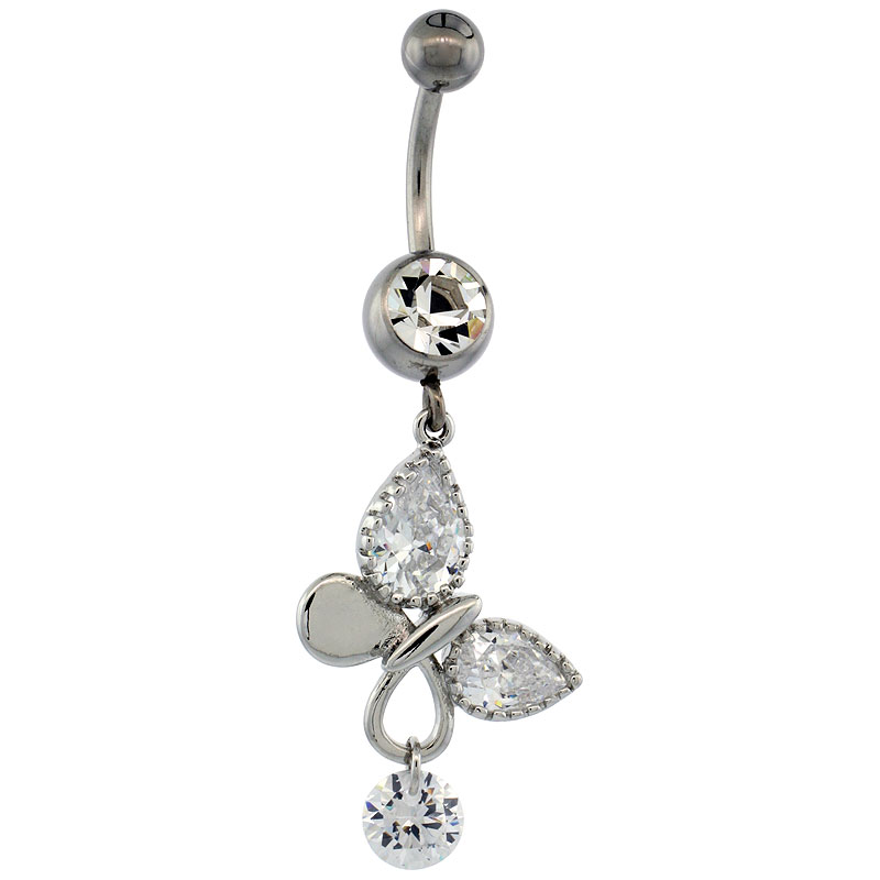 Surgical Steel Butterfly Belly Button Ring w/ Crystals, 1 1/2 inch (37 mm) tall (Navel Piercing Body Jewelry)