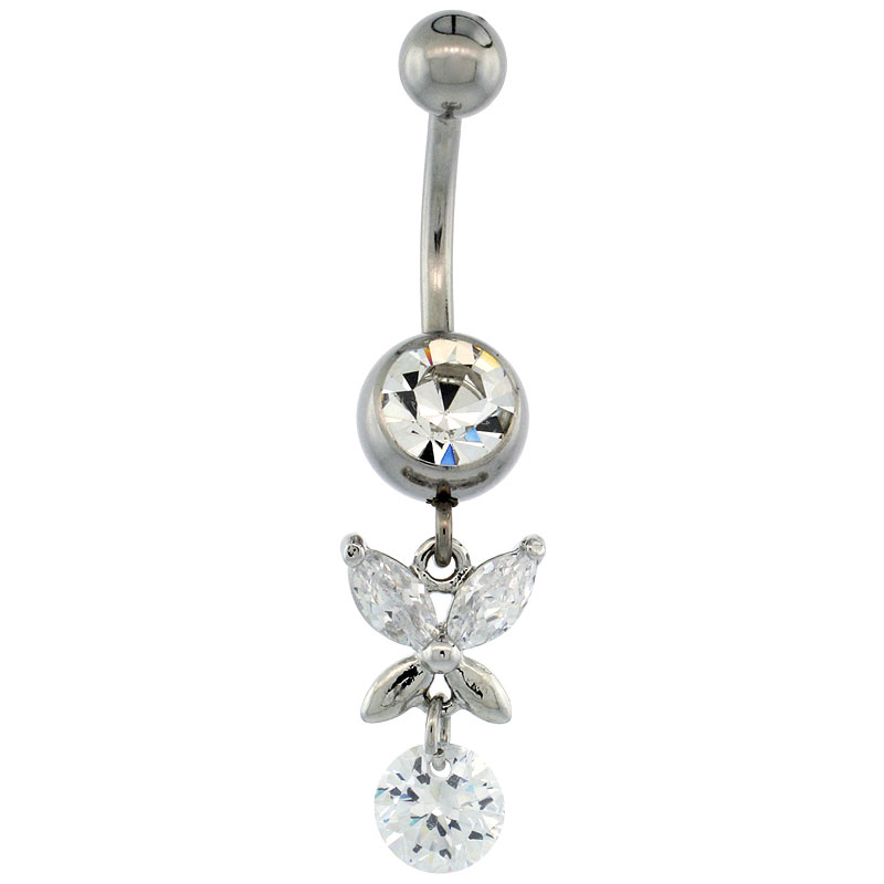 Surgical Steel Butterfly Belly Button Ring w/ Crystals, 1 inch (25 mm) tall (Navel Piercing Body Jewelry)