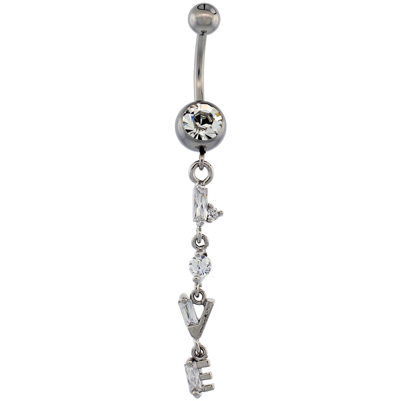 Surgical Steel Dangle LOVE Belly Button Ring w/ Crystals, 1 3/4 inch (46 mm) tall (Navel Piercing Body Jewelry)