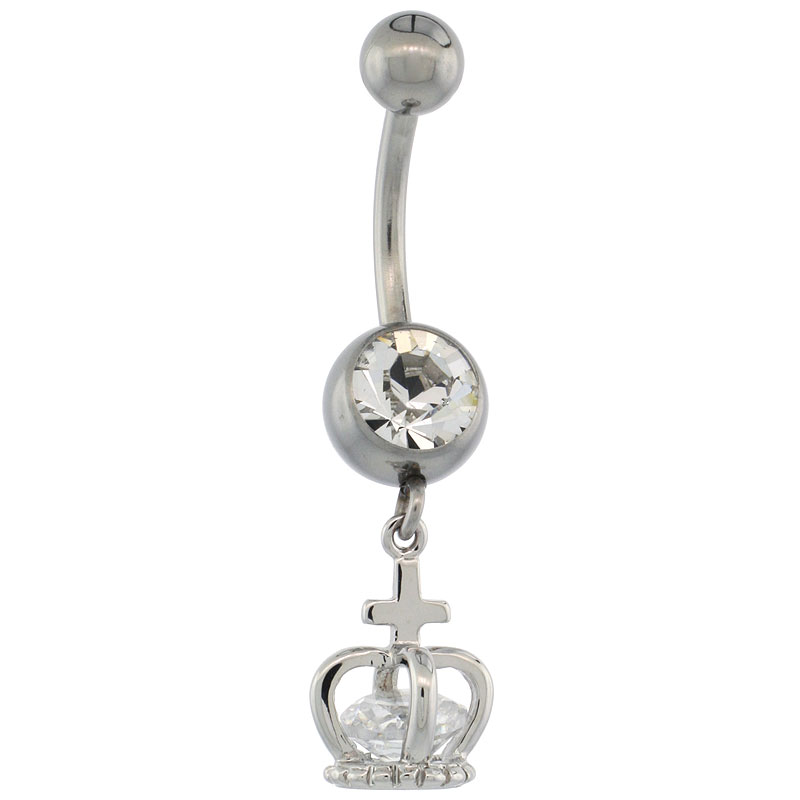 Surgical Steel King Crown Belly Button Ring w/ Crystals, 7/8 inch (22 mm) tall (Navel Piercing Body Jewelry)