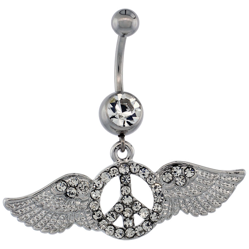 Surgical Steel Peace Sign Belly Button Ring w/ Crystals, 1 3/4 inch (43 mm) wide, (Navel Piercing Body Jewelry)