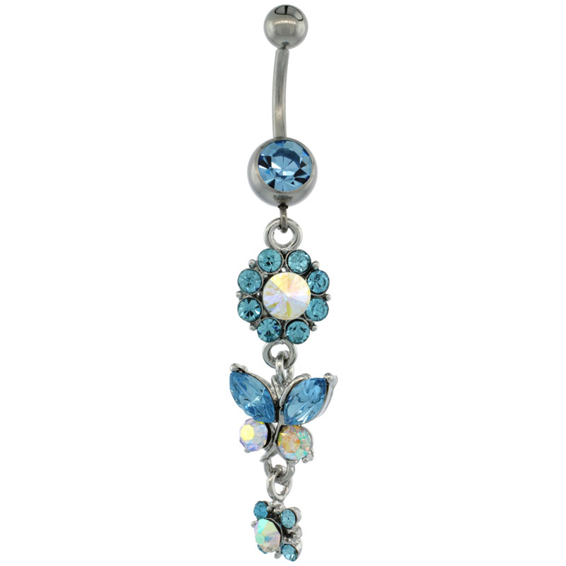 Surgical Steel Dangle Flower & Butterfly Belly Button Ring w/ Blue Crystals, 2 5/16 inch (59 mm) tall (Navel Piercing Body Jewelry)
