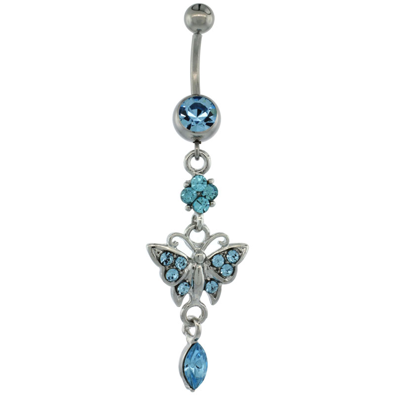Surgical Steel Dangle Butterfly Belly Button Ring w/ Blue Crystals, 2 5/16 inch (59 mm) tall (Navel Piercing Body Jewelry)