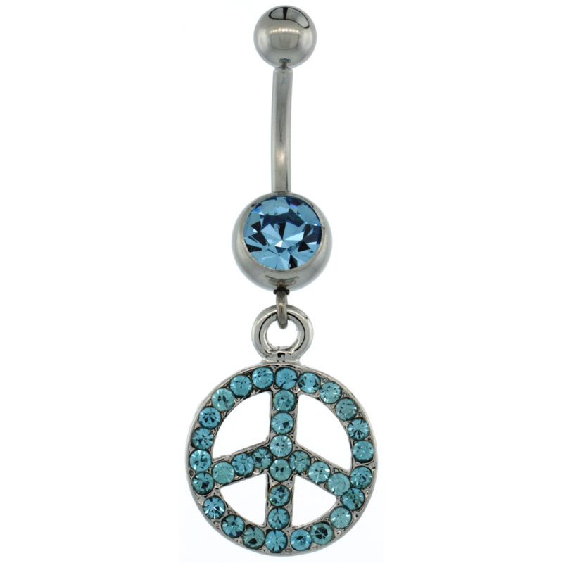 Surgical Steel Dangle Peace Sign Belly Button Ring w/ Blue Crystals, 1 1/2 inch (38 mm) tall (Navel Piercing Body Jewelry)