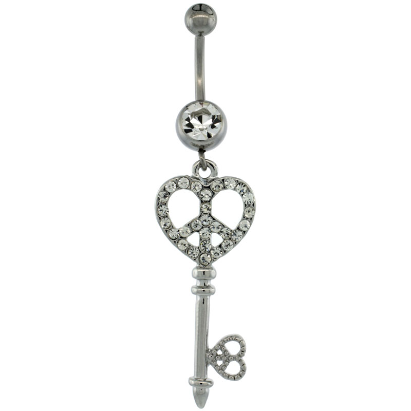 Surgical Steel Dangle KEY Peace Sign Belly Button Ring w/ Crystals, 2 5/16 inch (59 mm) tall (Navel Piercing Body Jewelry)