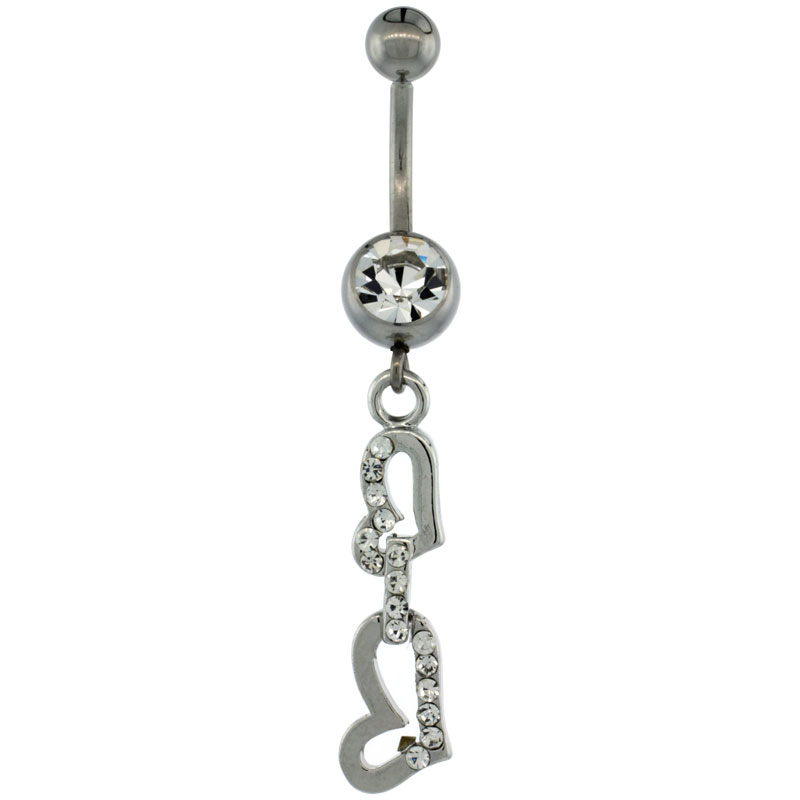 Surgical Steel Dangle Double Heart Belly Button Ring w/ Crystals, 1 3/4 inch (44 mm) tall (Navel Piercing Body Jewelry)