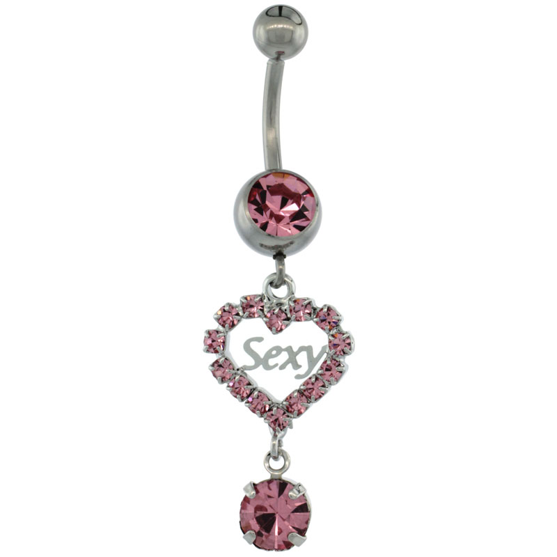 Surgical Steel Dangle SExY Heart Belly Button Ring w/ Pink Crystals, 1 5/8 inch (41 mm) tall (Navel Piercing Body Jewelry)