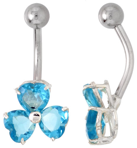 Shamrock Belly Button Ring with Blue Topaz Cubic Zirconia on Sterling Silver Setting