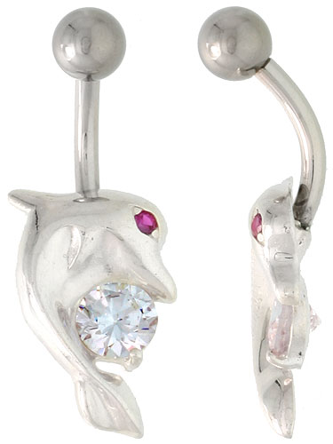 Dolphin Belly Button Ring with Clear Cubic Zirconia on Sterling Silver Setting