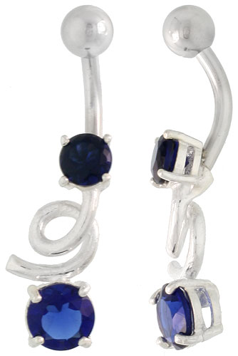 Loop Belly Button Ring with Brilliant Cut Blue Sapphire Cubic Zirconia on Sterling Silver Setting