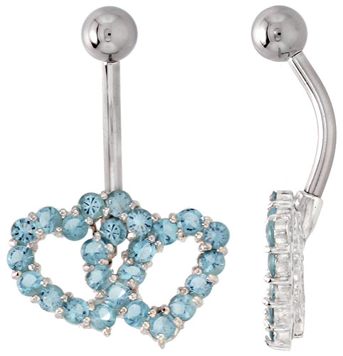 Double Heart Belly Button Ring with Blue Topaz Cubic Zirconia on Sterling Silver Setting