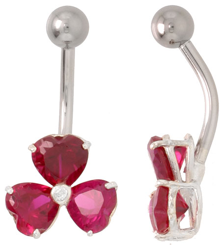 Shamrock Belly Button Ring with Ruby Red Cubic Zirconia on Sterling Silver Setting