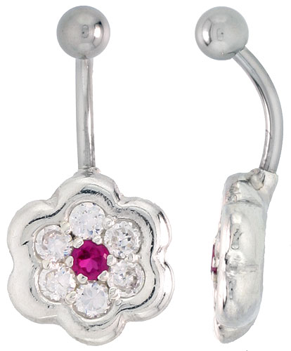 Flower Belly Button Ring with Clear Cubic Zirconia on Sterling Silver Setting