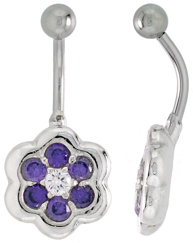 Flower Belly Button Ring with Amethyst Cubic Zirconia on Sterling Silver Setting