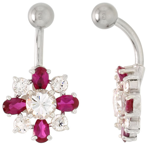 Flower Belly Button Ring with Ruby Red and Clear Cubic Zirconia on Sterling Silver Settings