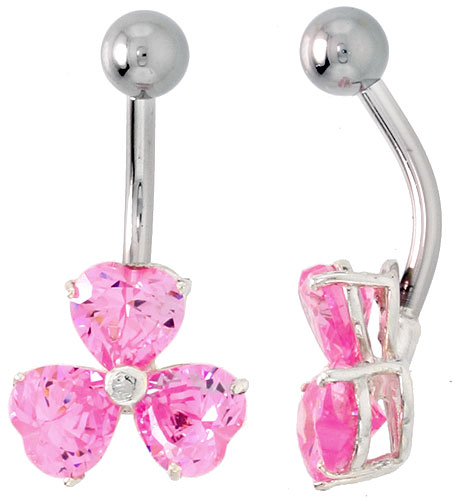 Shamrock Belly Button Ring with Pink Cubic Zirconia on Sterling Silver Setting