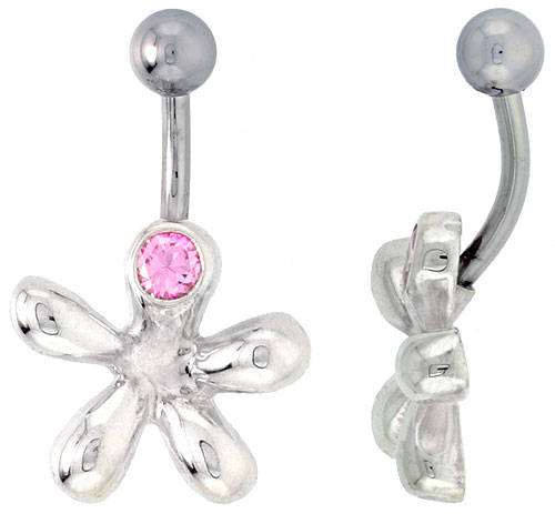Cookie Cutter Belly Button Ring with Pink Cubic Zirconia on Sterling Silver Setting