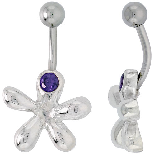 Cookie Cutter Belly Button Ring with Amethyst Cubic Zirconia on Sterling Silver Setting