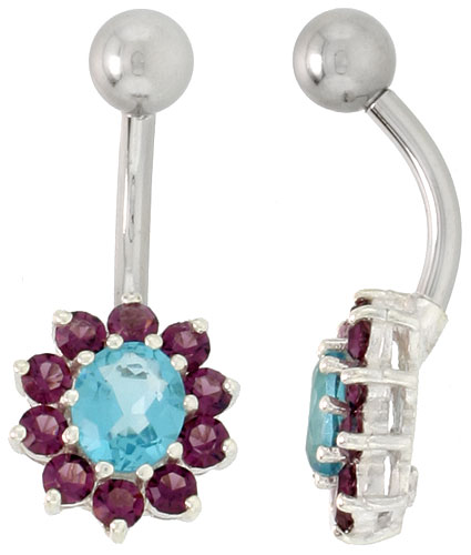 Sunflower Belly Button Ring with Amethyst and Blue Topaz Cubic Zirconia on Sterling Silver Settings