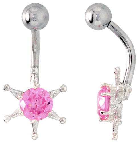 Sun Face Belly Button Ring with Pink Cubic Zirconia on Sterling Silver Setting
