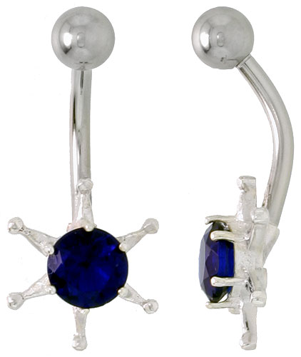Sun Face Belly Button Ring with Blue Sapphire Cubic Zirconia on Sterling Silver Setting