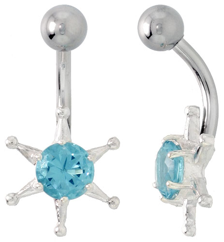 Sun Face Belly Button Ring with Blue Topaz Cubic Zirconia on Sterling Silver Setting