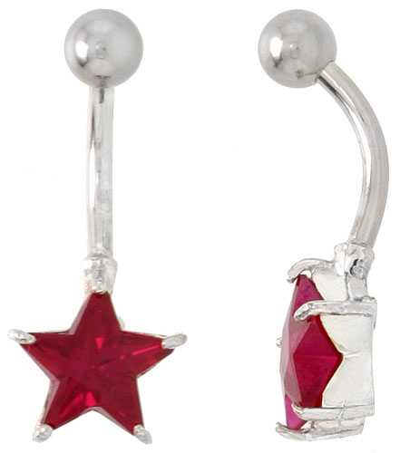 Star Belly Button Ring with Red Cubic Zirconia on Sterling Silver Setting